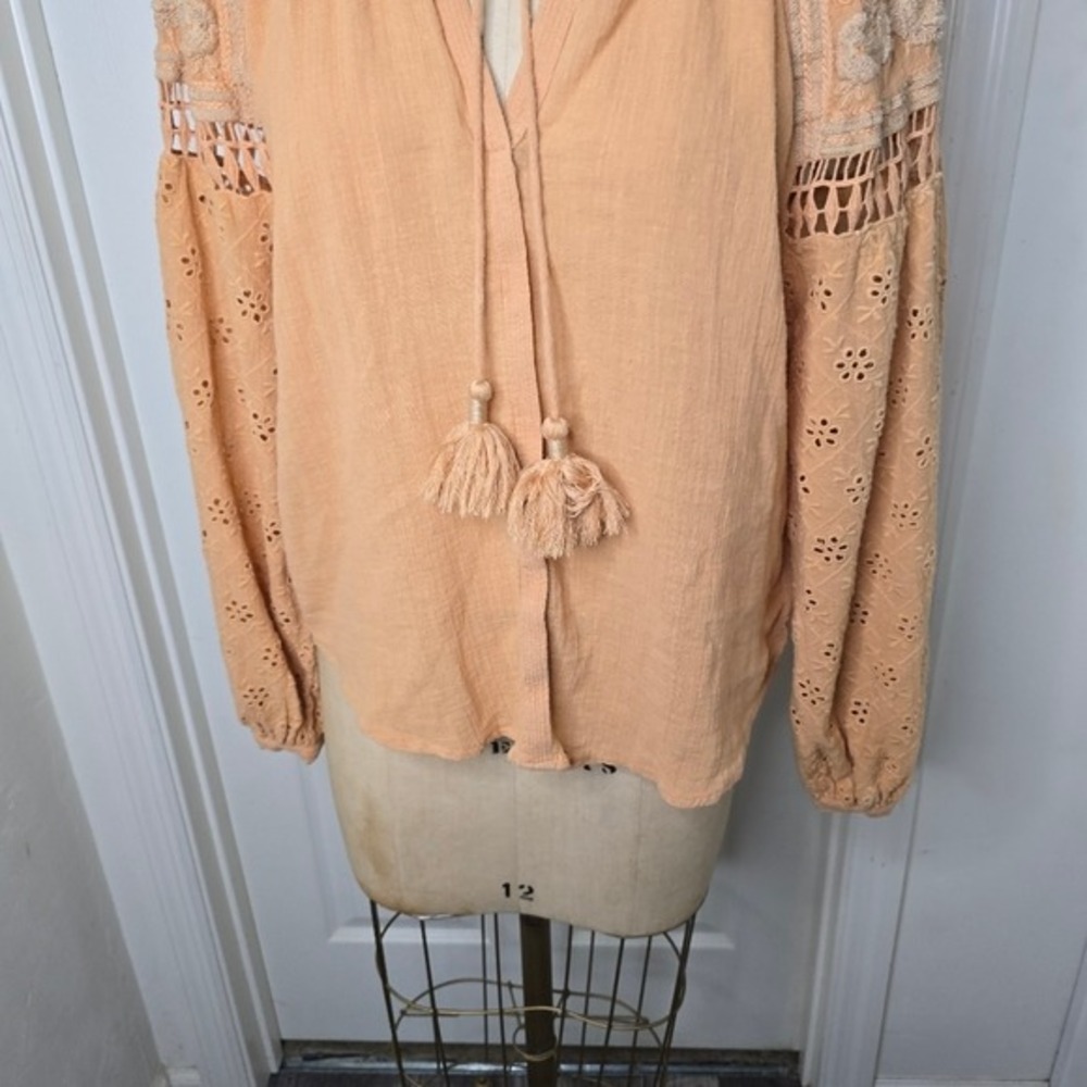 Nichole Miller Artelier cantaloupe linen embroidered womens long sleeve‎  top L - Picture 3 of 11